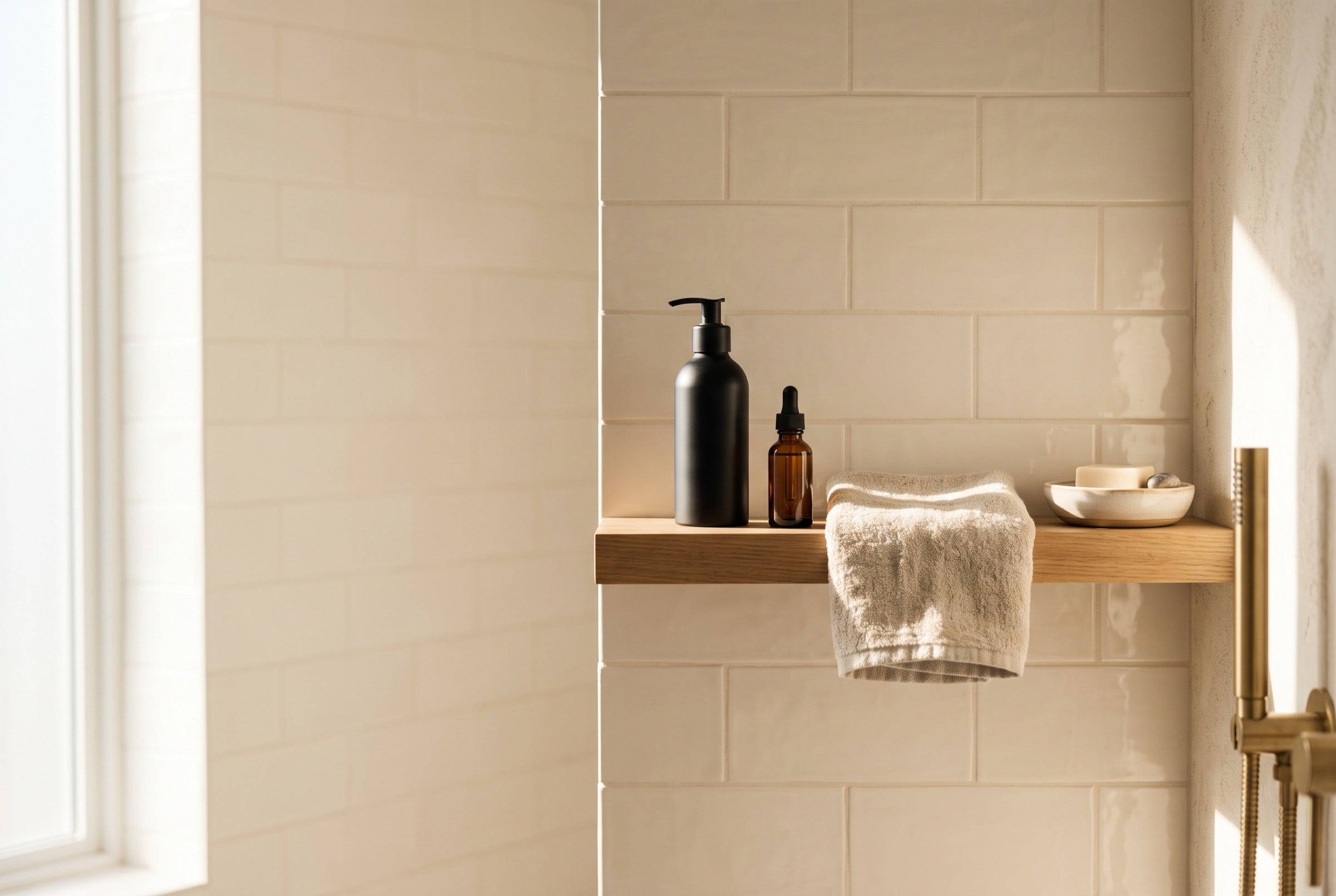 Sunlit bathroom shelf with a dark pump bottle, an amber dropper bottle and a folded towel