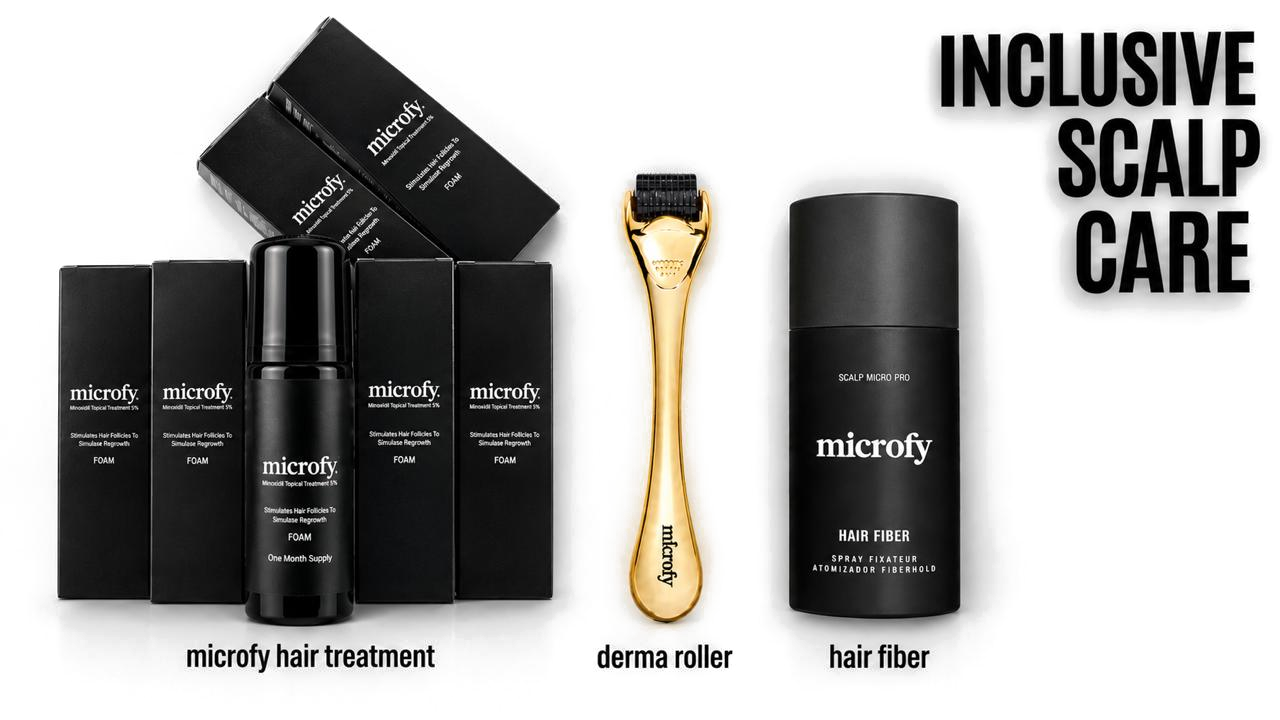Inclusive scalp care. Microfy hair treatment, derma roller and hair fiber