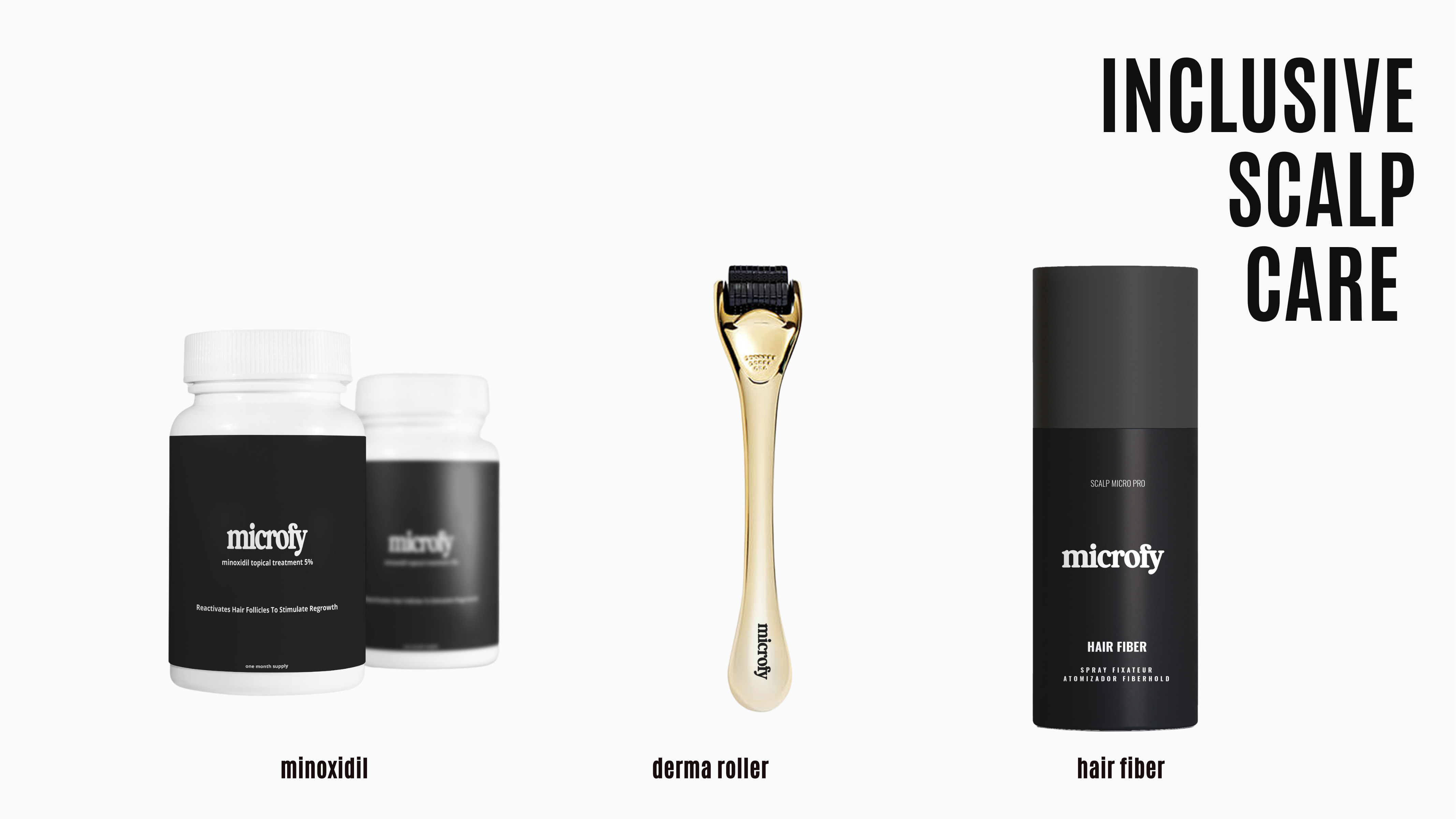 Inclusive scalp care. Microfy minoxidil, derma roller and hair fiber lineup