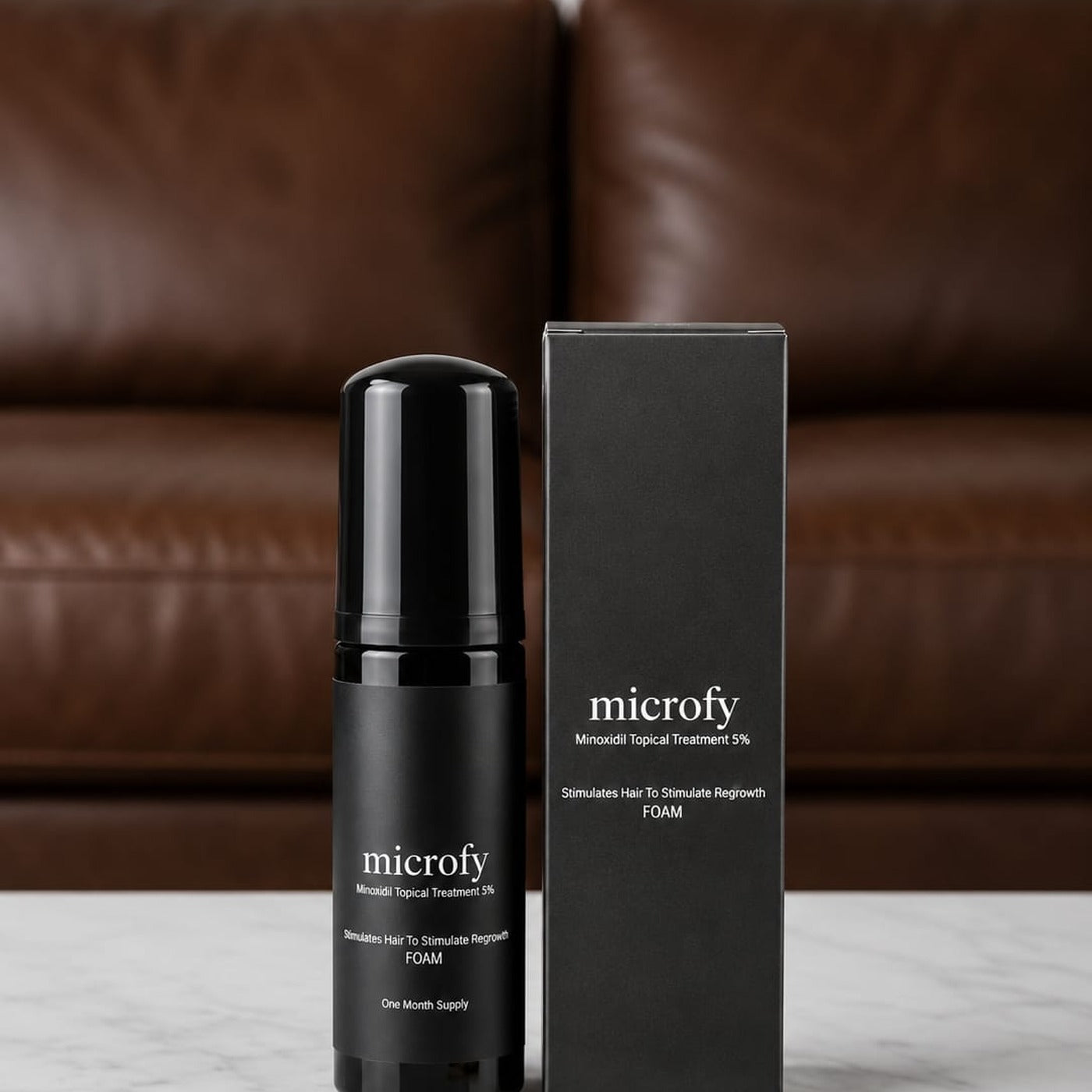 Microfy Minoxidil 5% foam bottle next to its box, one month supply