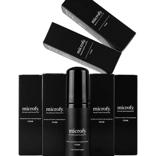 Microfy Minoxidil 5% six pack with foam bottle and boxes